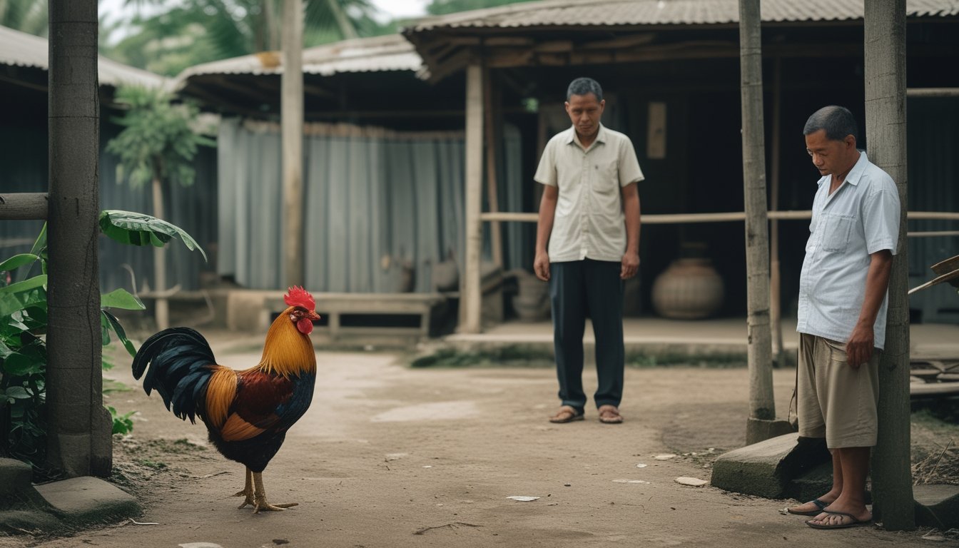 Dua pria mengamati seekor ayam di halaman desa, dengan sebuah buku catatan dan ponsel.