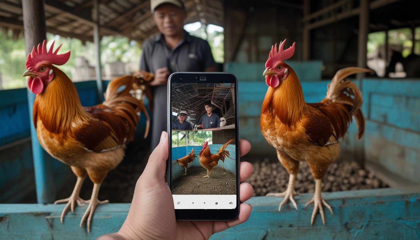 Seseorang melihat siaran langsung ayam jantan melalui ponsel di dekat kandang.