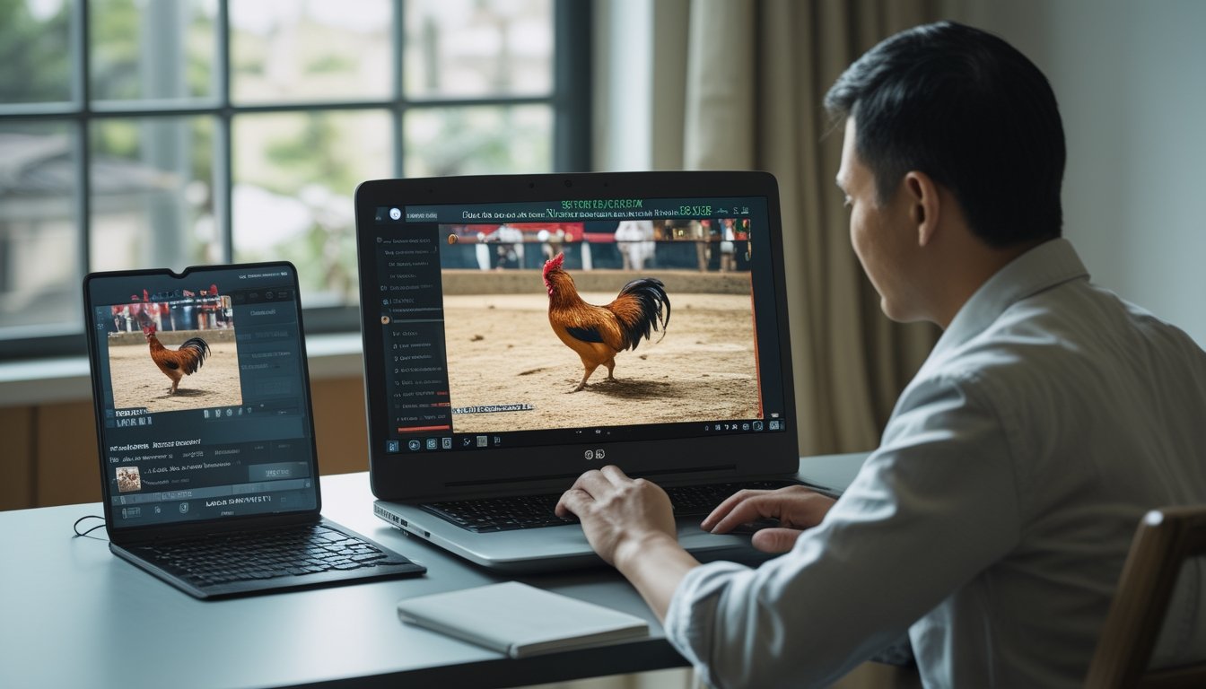 Seorang penonton melihat siaran langsung sabung ayam di laptop dari rumah.