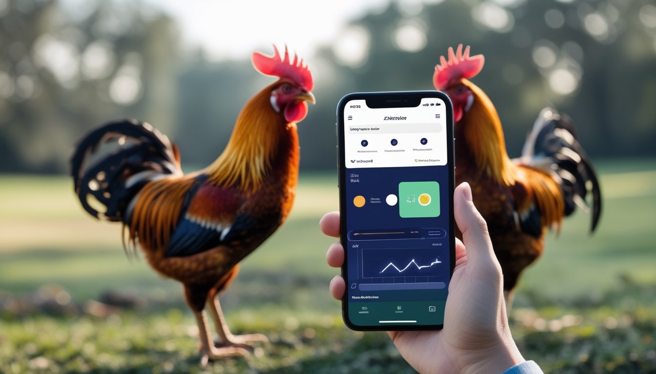 Seseorang memegang ponsel di dekat dua ayam jantan yang berdiri di luar ruangan.
