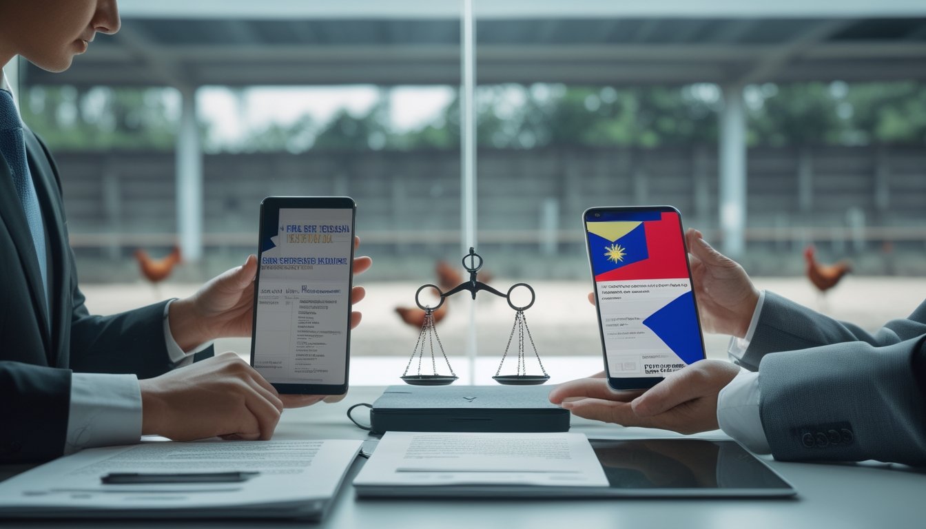 Seorang ahli hukum meninjau dokumen di dekat laptop, dengan bendera Filipina dan Indonesia serta siluet arena sabung ayam di latar belakang.