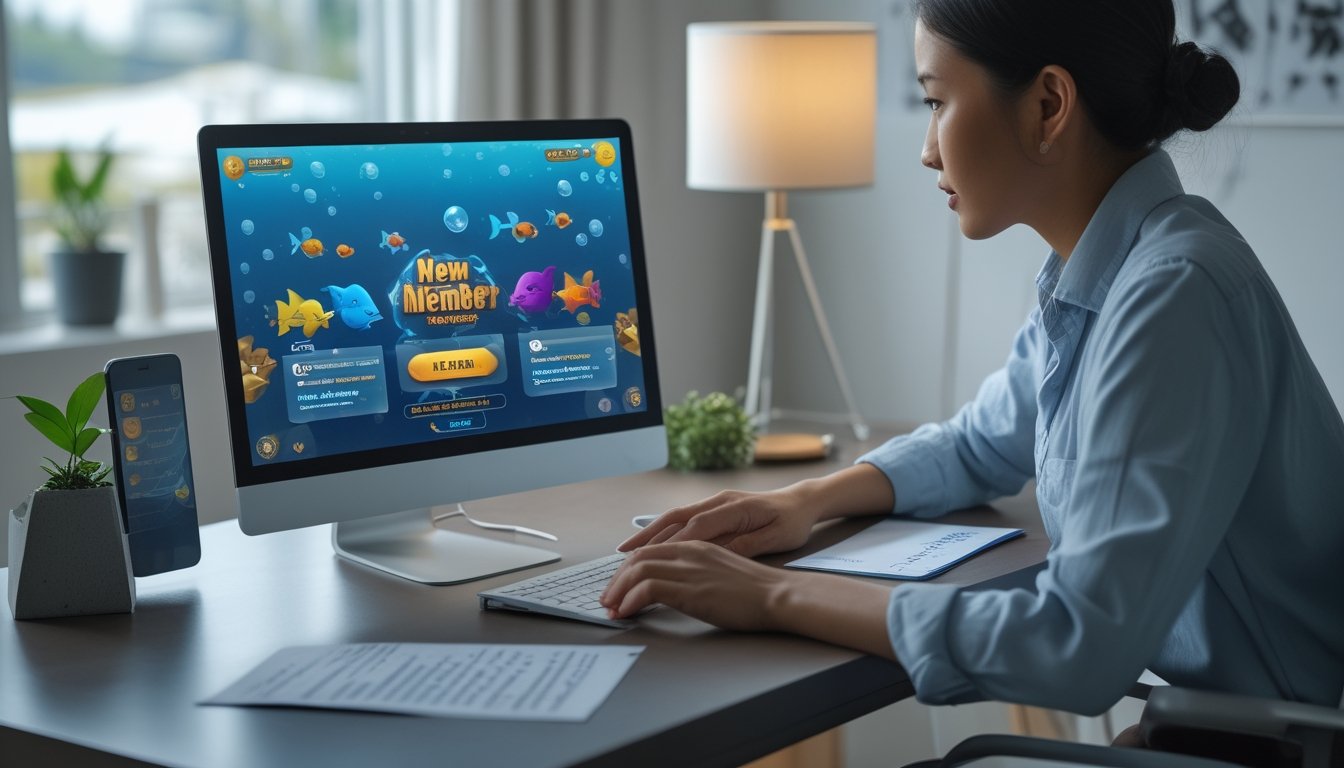 Seseorang memeriksa informasi bonus permainan ikan di laptop sambil melihat daftar periksa.