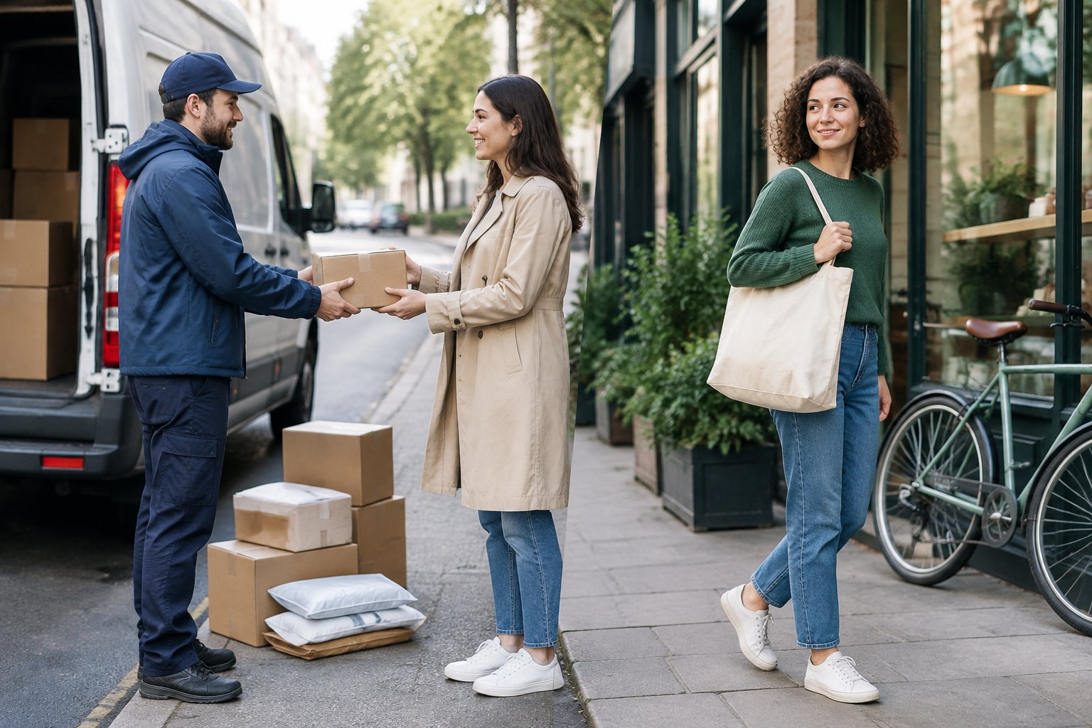 Een bezorger overhandigt een pakket aan een persoon, terwijl een andere shopper met een herbruikbare tas bij een winkel staat.