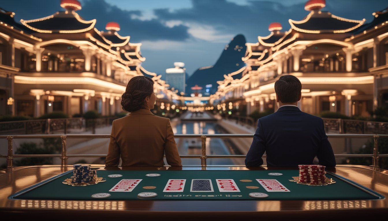Dua pengunjung memandang kawasan hiburan Macau yang bercahaya.