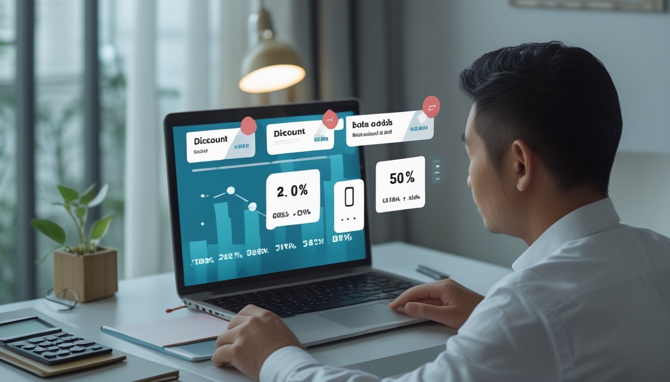 Seorang pria membandingkan pilihan diskon taruhan di laptop.