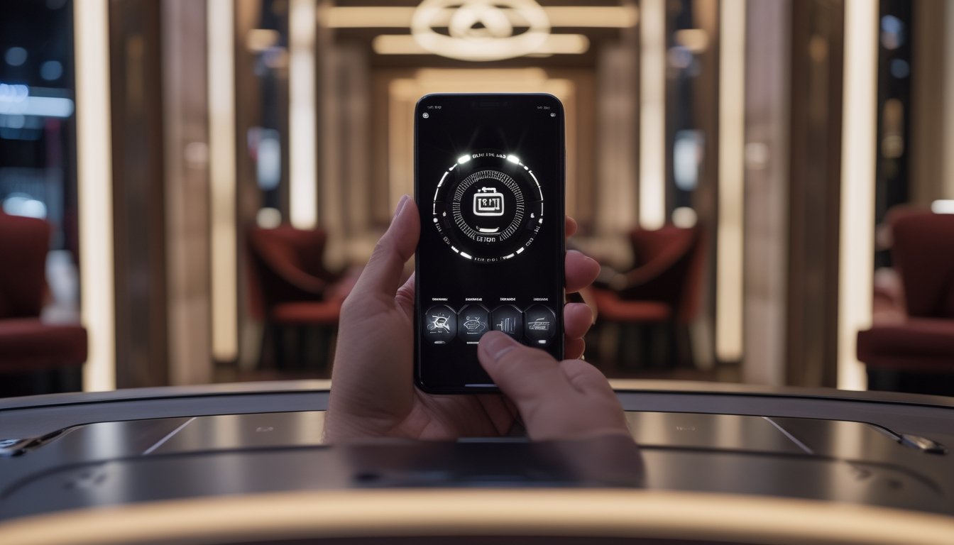 Seseorang menggunakan ponsel di lounge modern dengan suasana yang terinspirasi dari kasino.