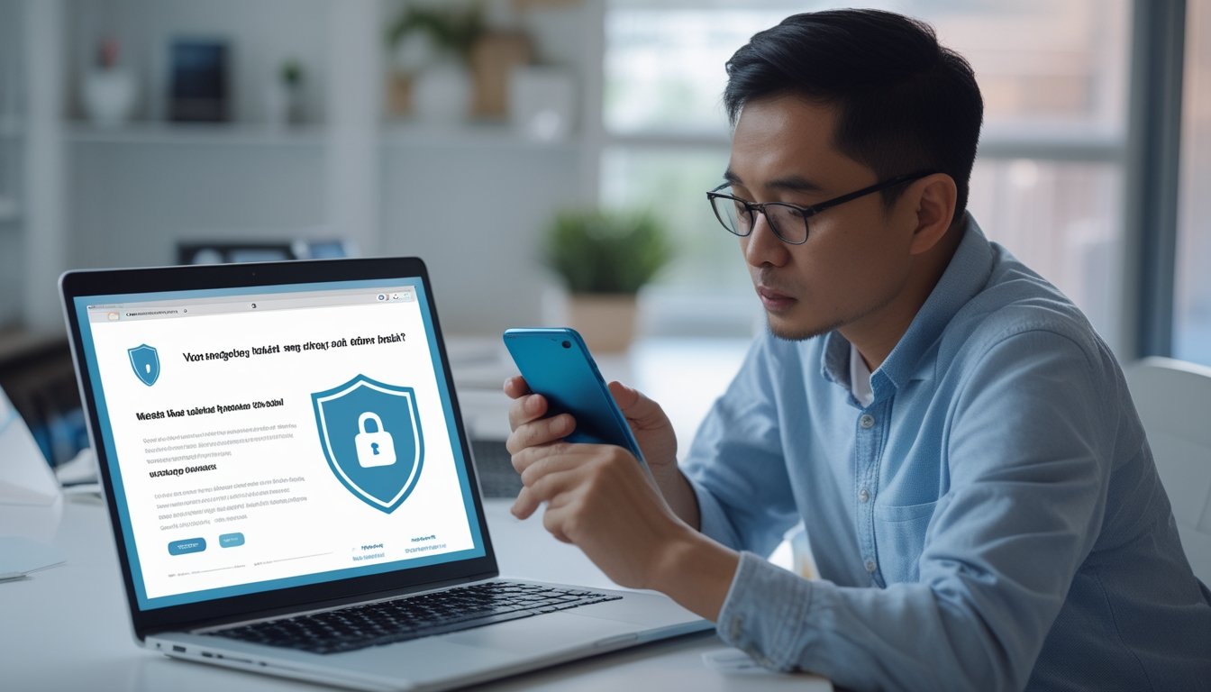 Seseorang memeriksa situs web di laptop dengan ponsel di sampingnya.