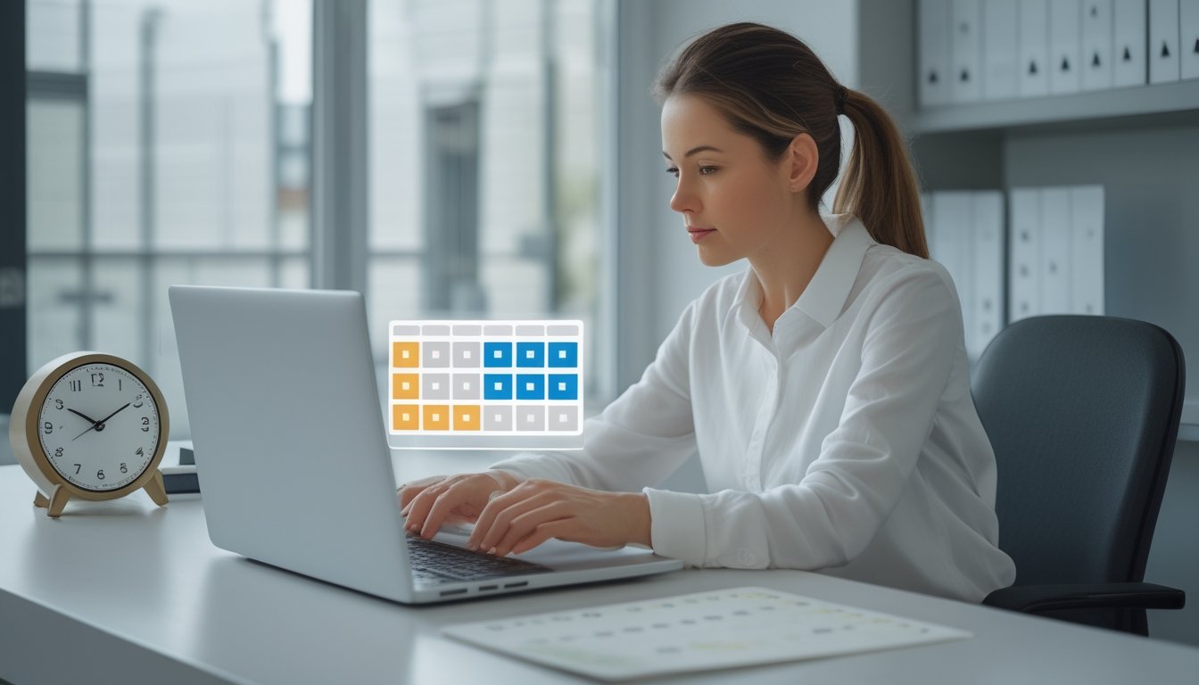 Seseorang memeriksa kalender di laptop dengan jam di atas meja.