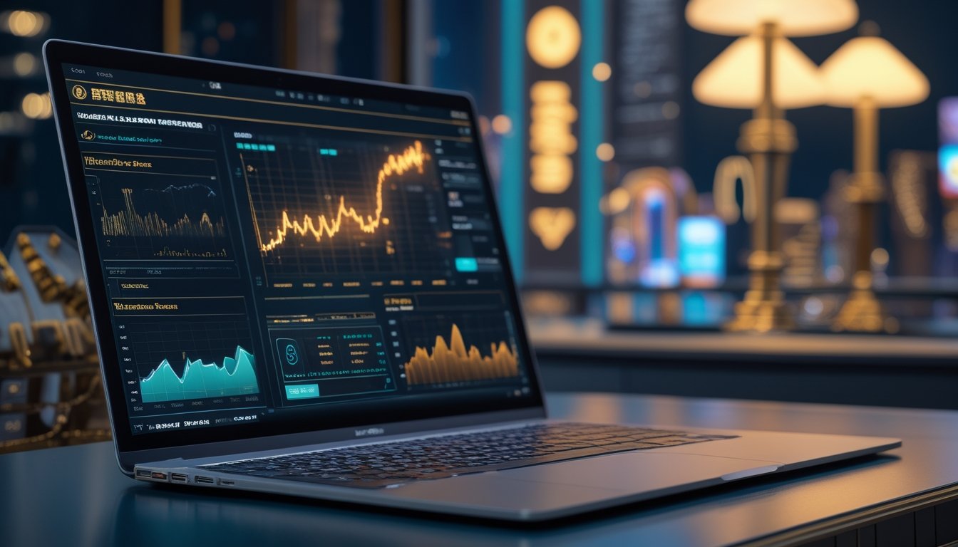 Laptop dengan grafik analitik di depan pemandangan kota Macau.