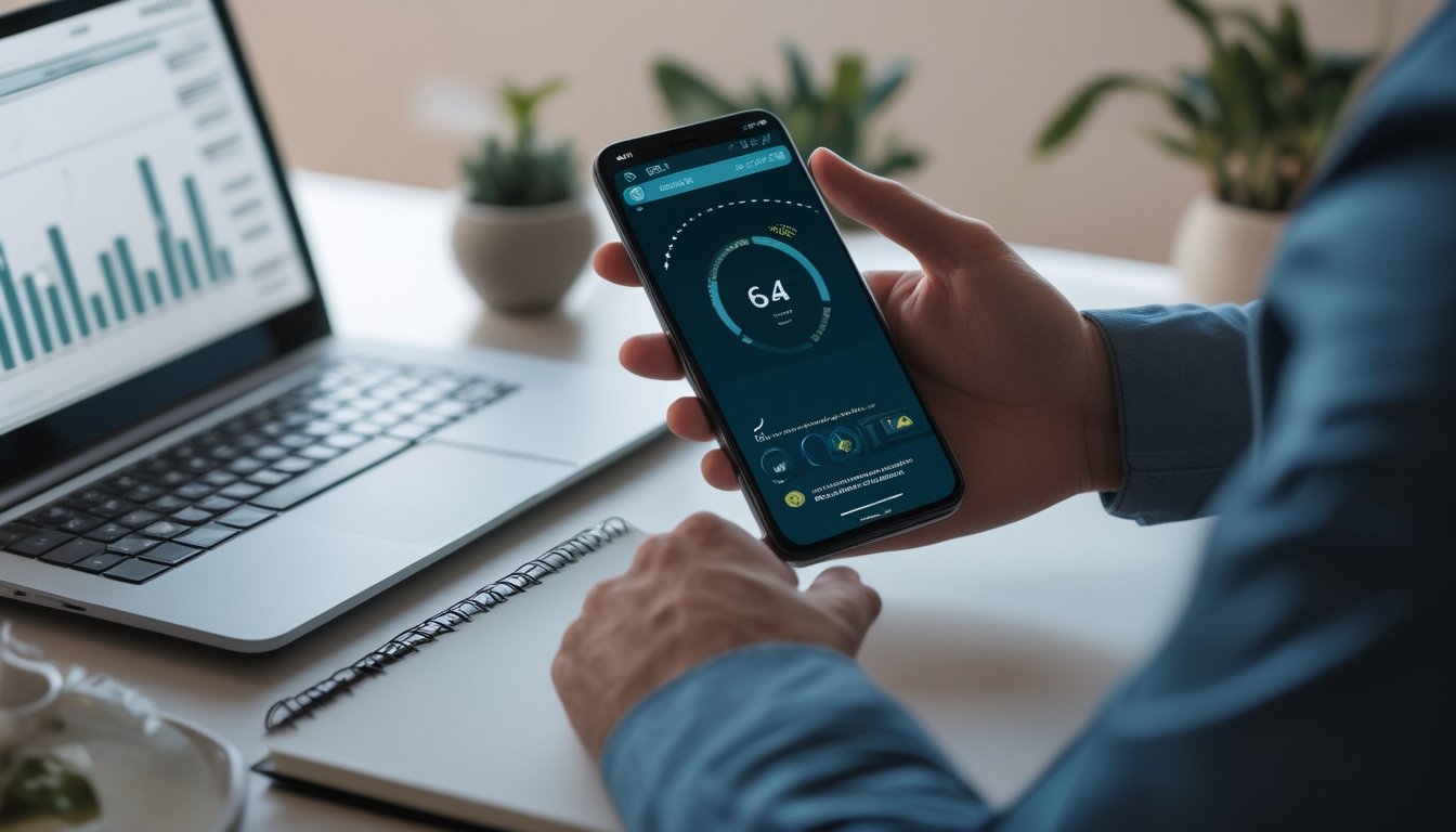 Seseorang menggunakan ponsel di meja kerja dengan grafik data pada layar laptop.