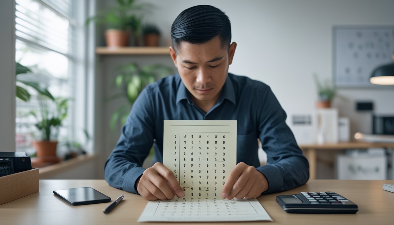 Seseorang menghitung kombinasi angka di meja dengan kalkulator dan kertas.