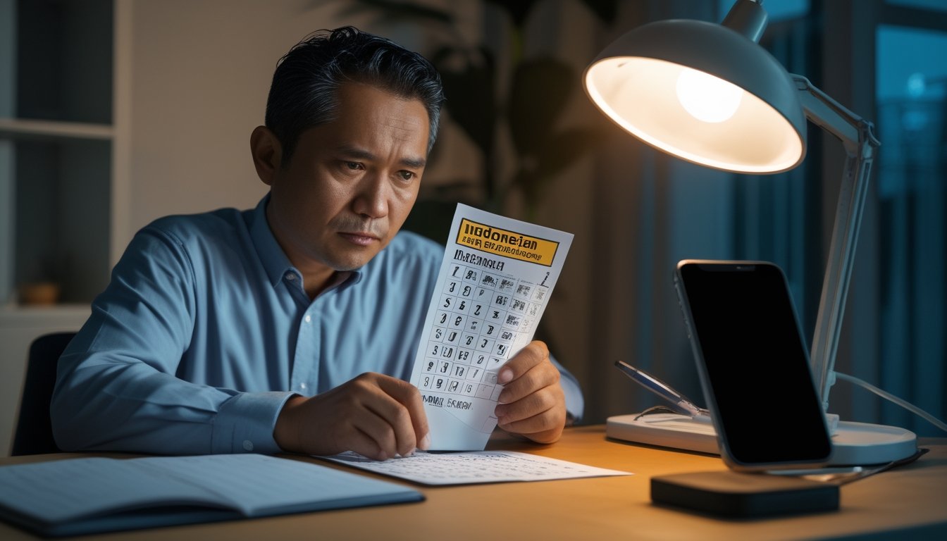 Seseorang memeriksa secarik kertas di meja pada malam hari.