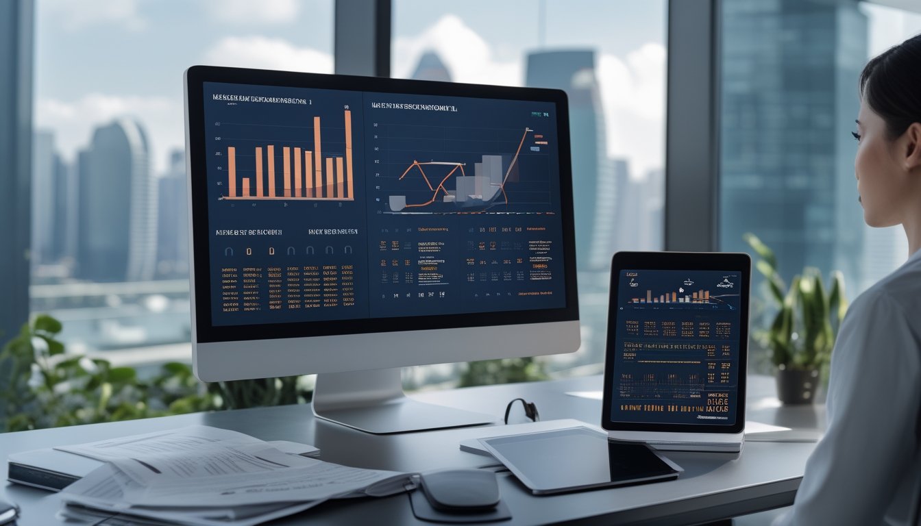 Meja kerja dengan layar berisi grafik analisis data dan pemandangan kota di latar belakang.