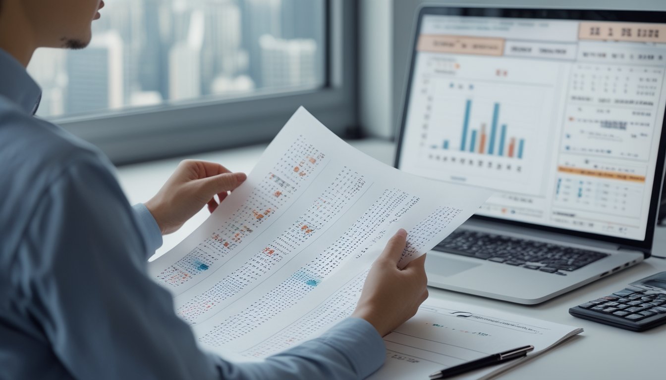 Seorang analis meninjau lembar hasil dan grafik data di meja kerja.