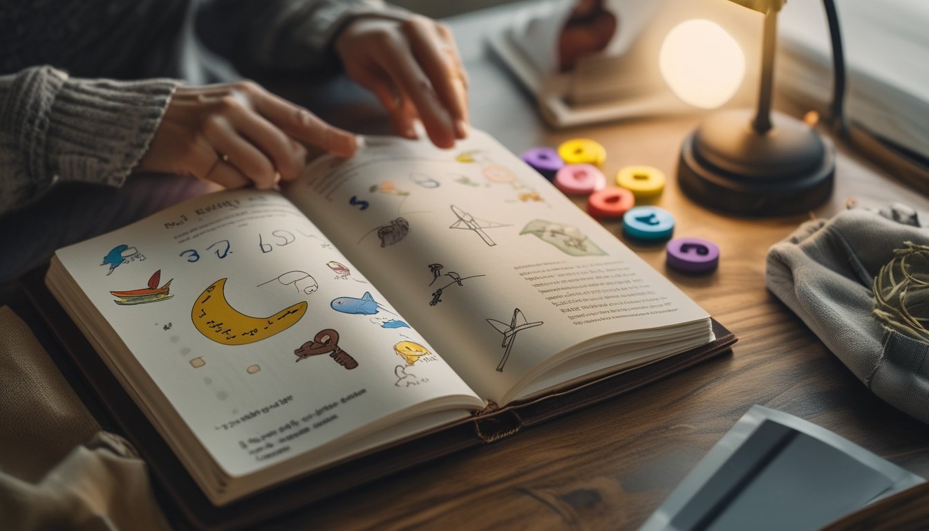 Buku bergambar terbuka di atas meja dengan tangan yang sedang membalik halamannya.