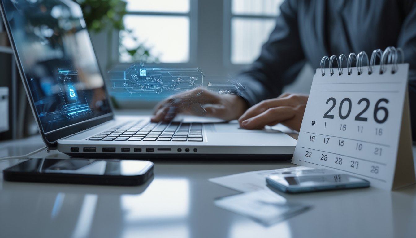 Seseorang menggunakan laptop di meja kerja dengan ponsel dan kalender.