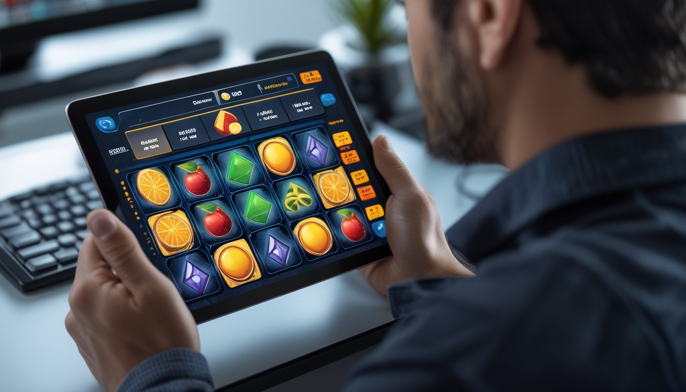 Seseorang mengamati permainan slot digital di tablet.
