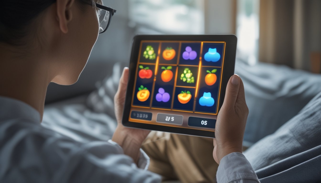 Seseorang mengamati susunan simbol permainan slot di tablet.