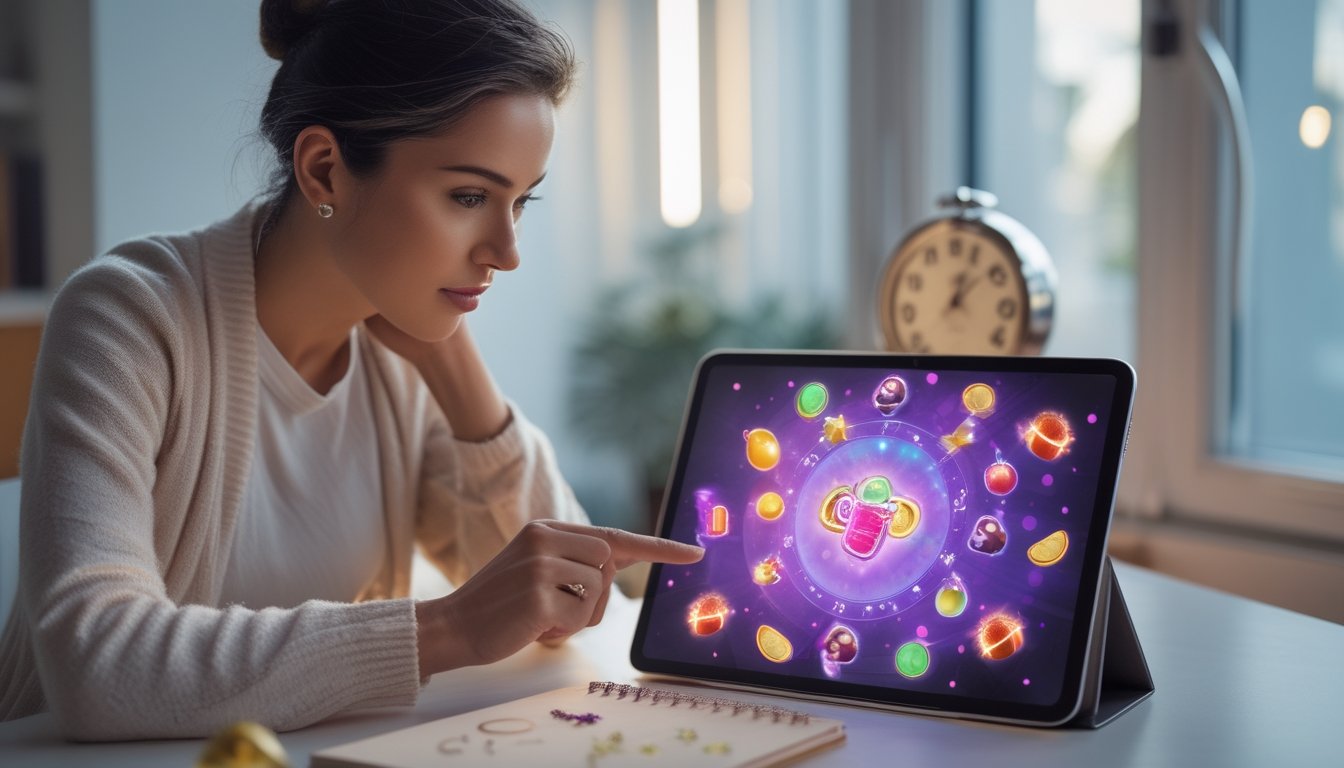 Seseorang mengamati grafik dan simbol permainan di tablet sambil melihat jam di meja.
