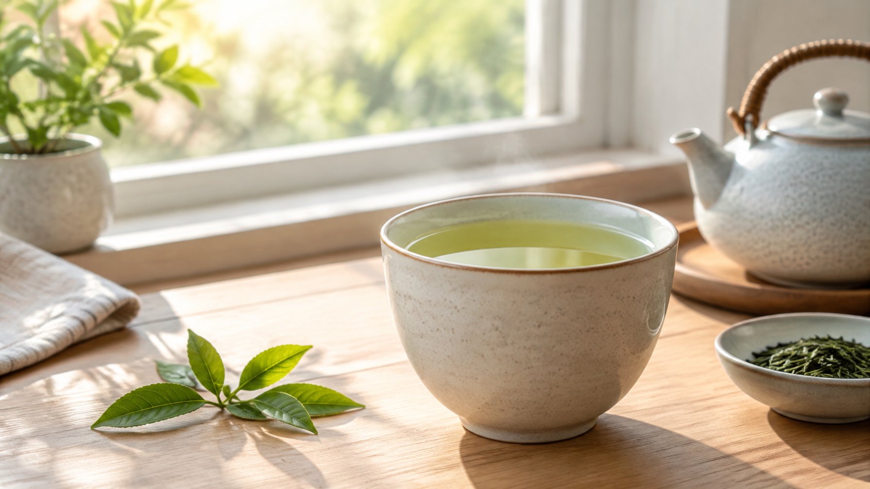 A cup of green tea sits on a kitchen table beside a sunlit window.