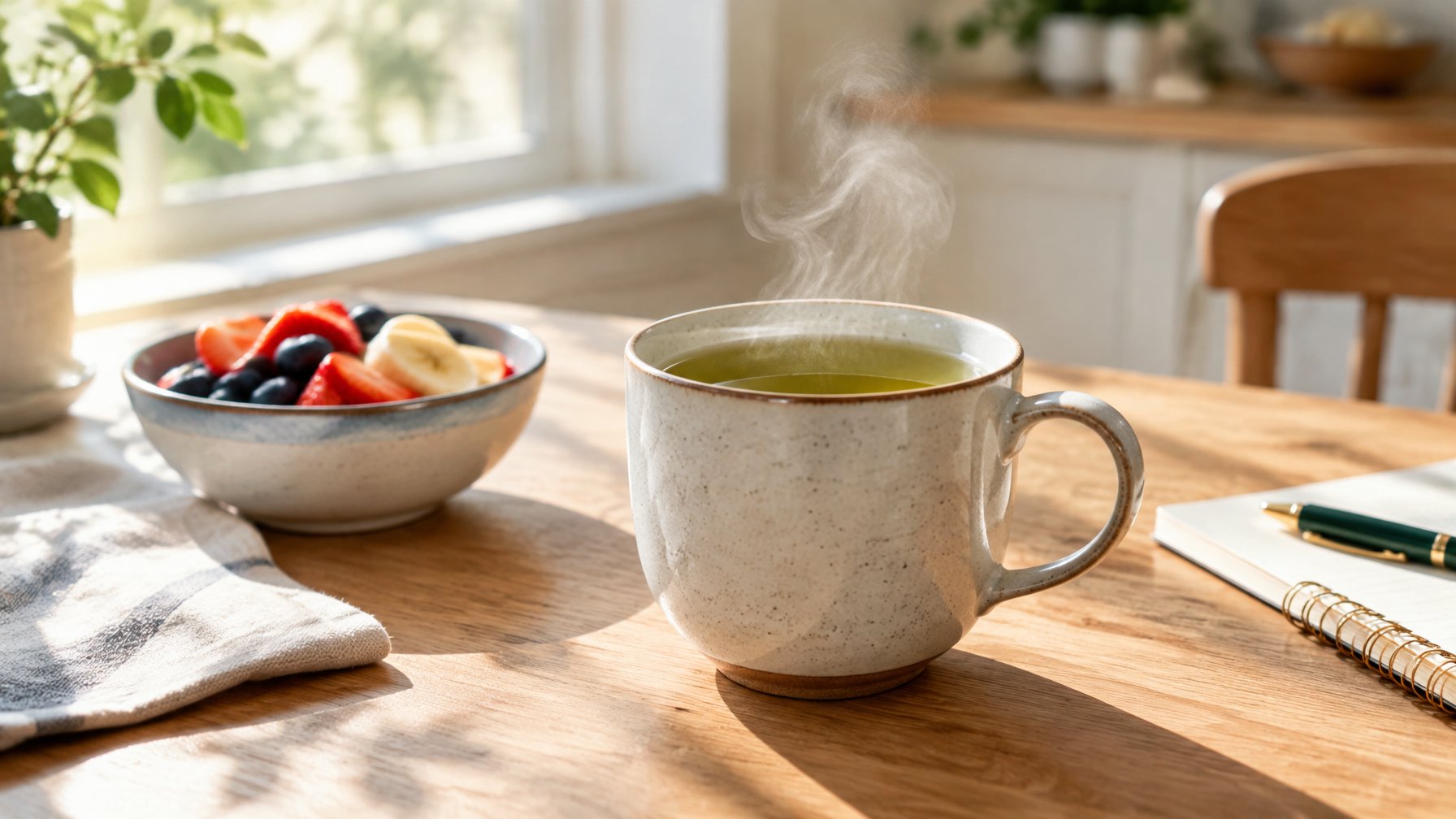 A cup of green tea on a sunlit table beside fruit and a notebook.