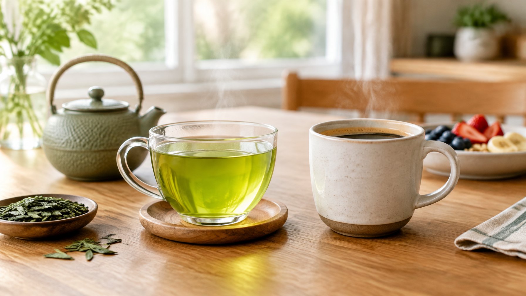 A glass of green tea and a mug of coffee on a breakfast table.