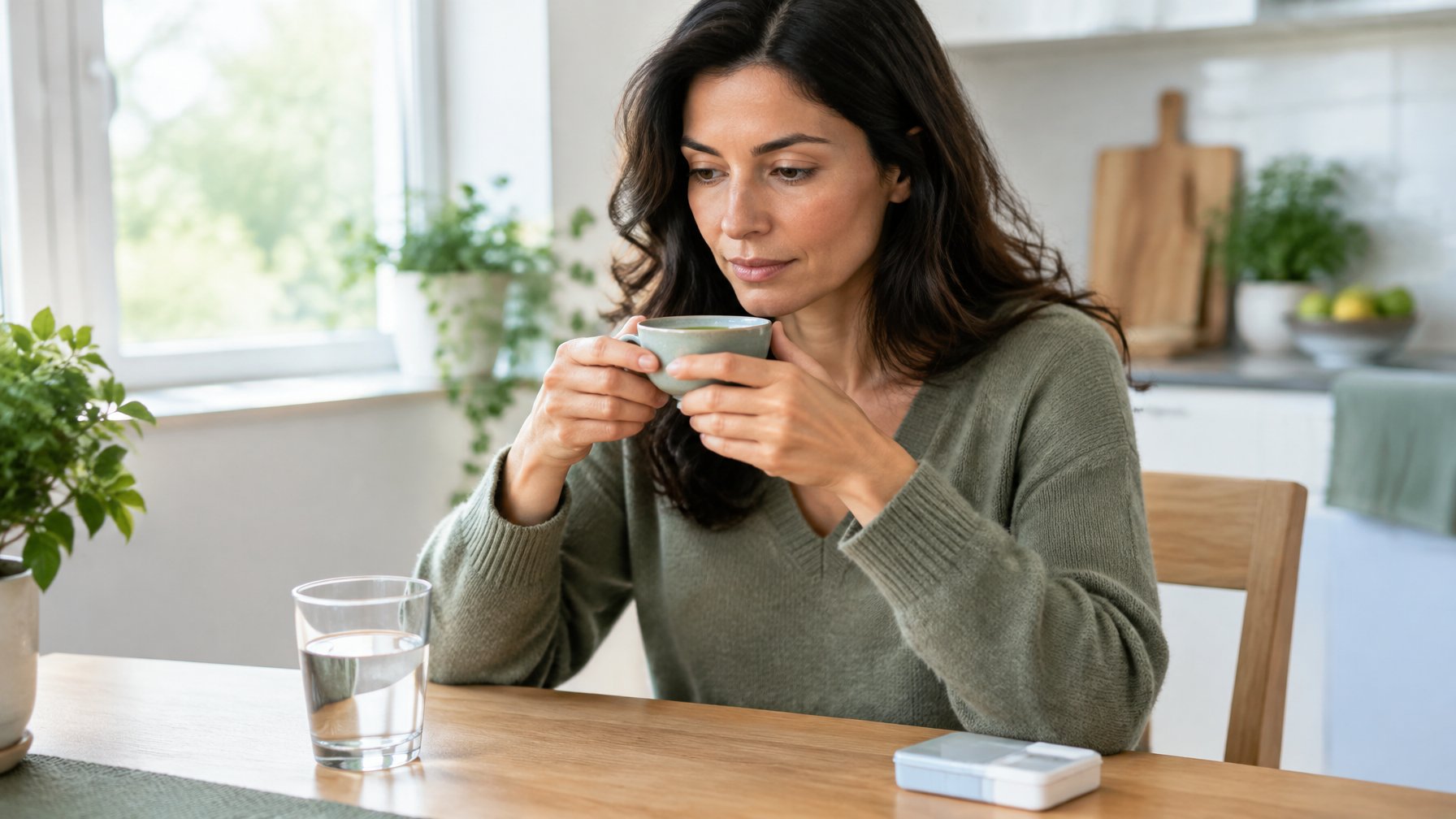 A woman pauses with a cup of green tea at a kitchen table.