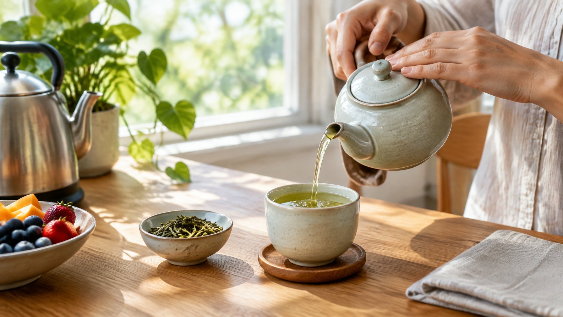 Hands pour green tea from a teapot into a cup beside a sunny kitchen window.