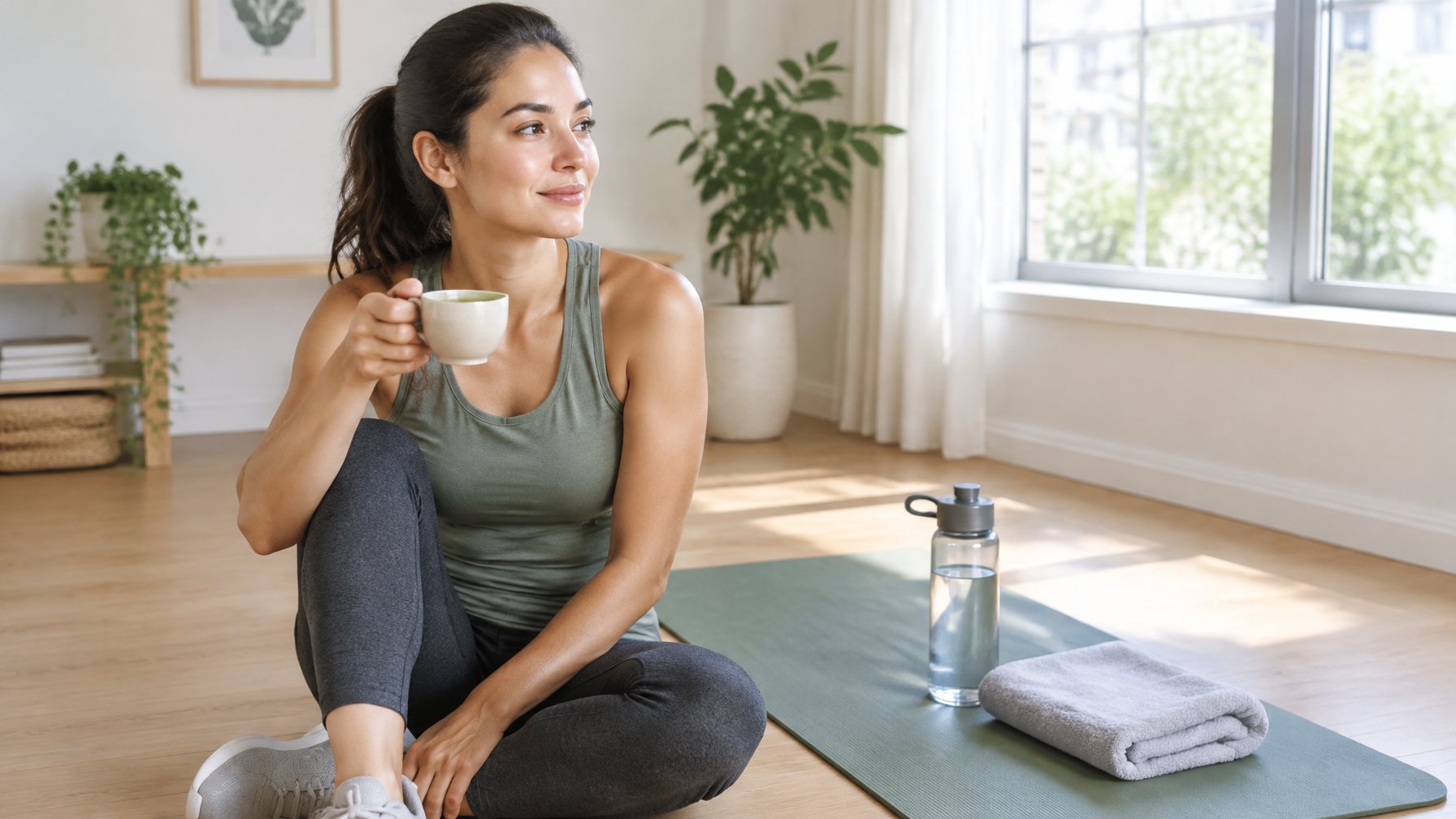 An adult pauses after a morning workout with a cup of green tea beside a yoga mat.