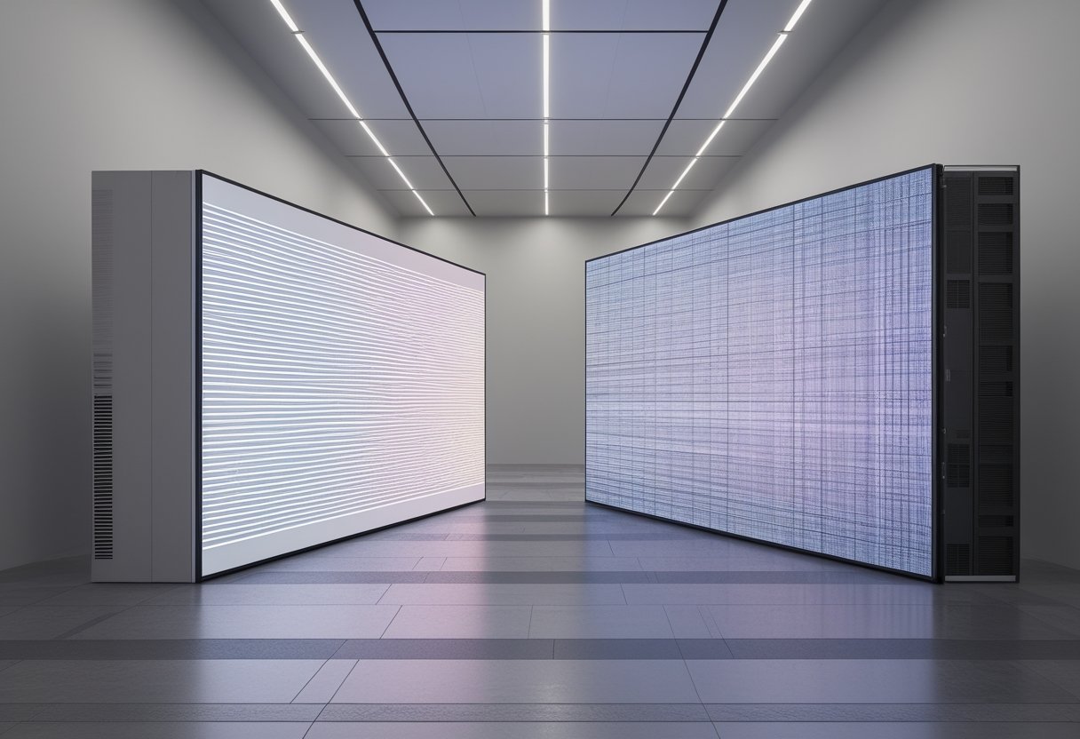 Dua layar LED dengan tampilan dan permukaan berbeda berdiri berdampingan di ruang teknologi modern.