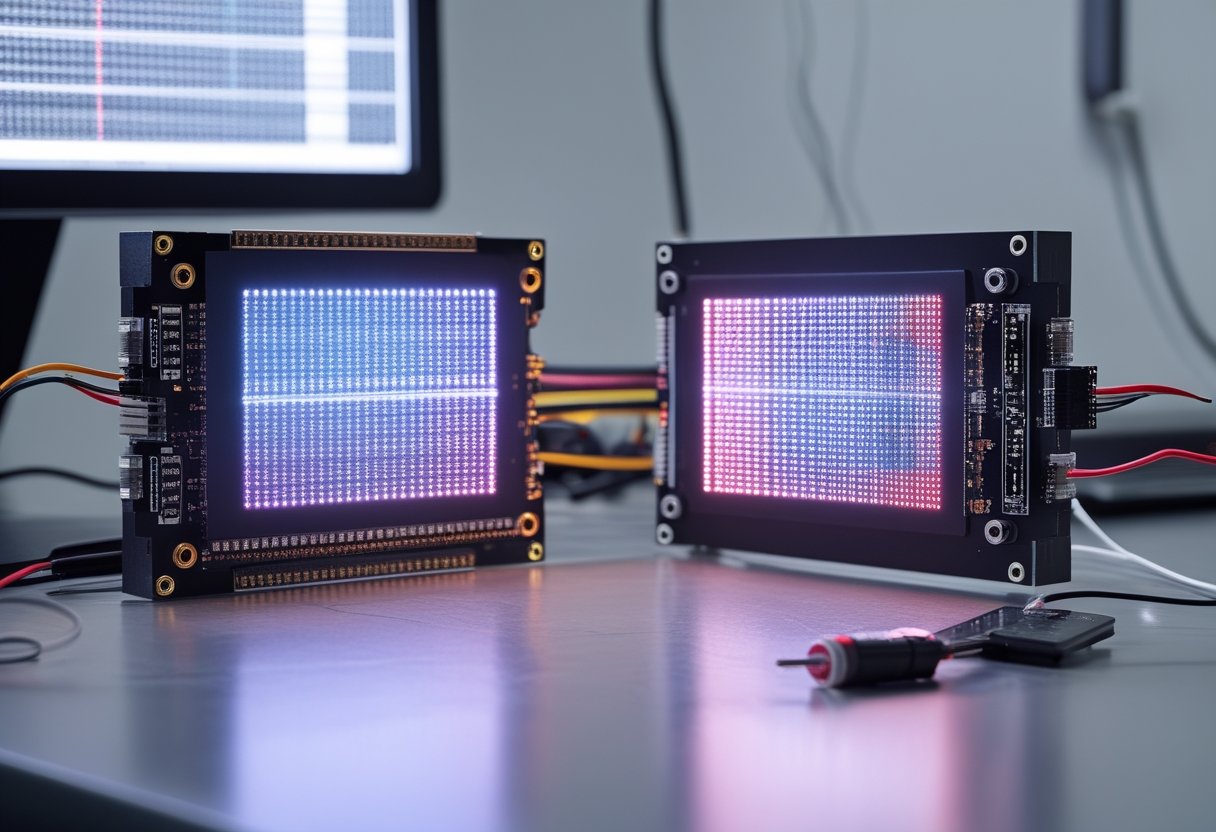 Dua modul layar LED dengan pola warna yang sama dibandingkan di meja kerja elektronik.