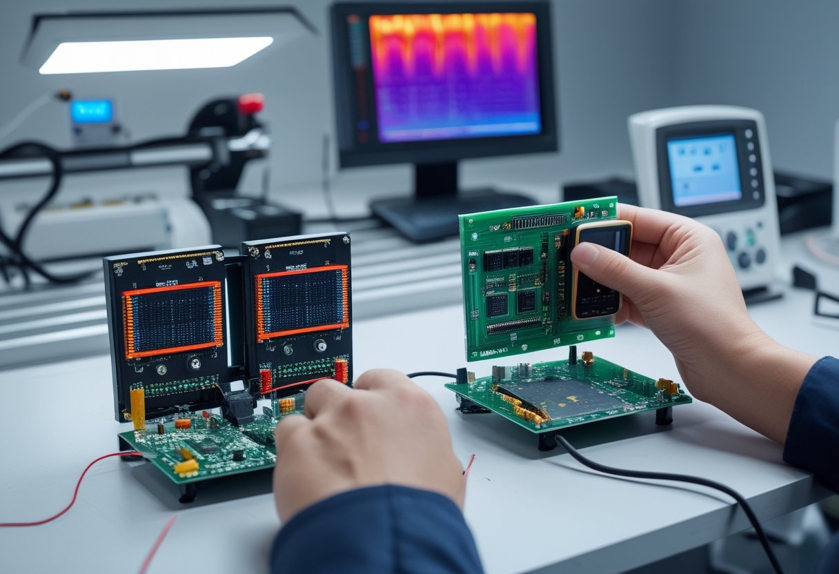 Teknisi menguji dua modul LED dengan alat ukur dan kamera termal di laboratorium elektronik.