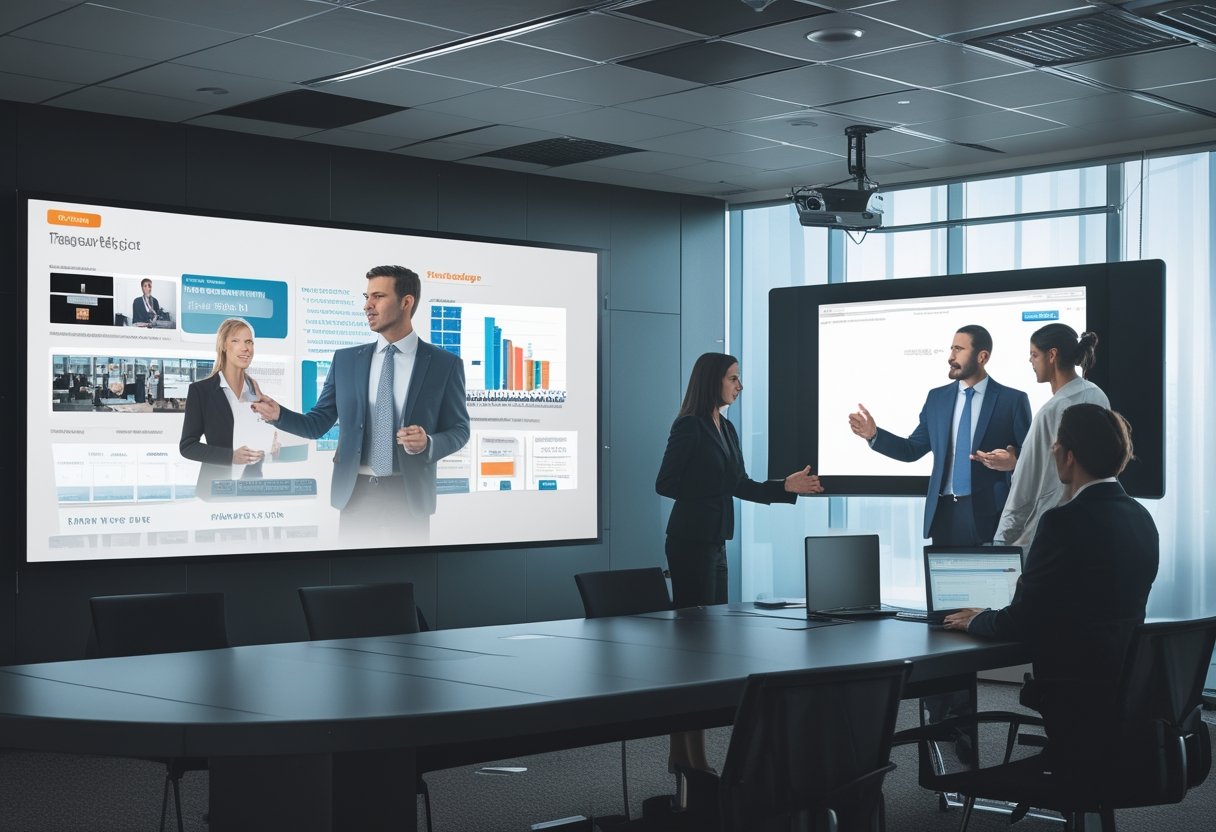 Tim berdiskusi di boardroom dengan layar LED, sementara peserta lain mengikuti pelatihan menggunakan panel interaktif.