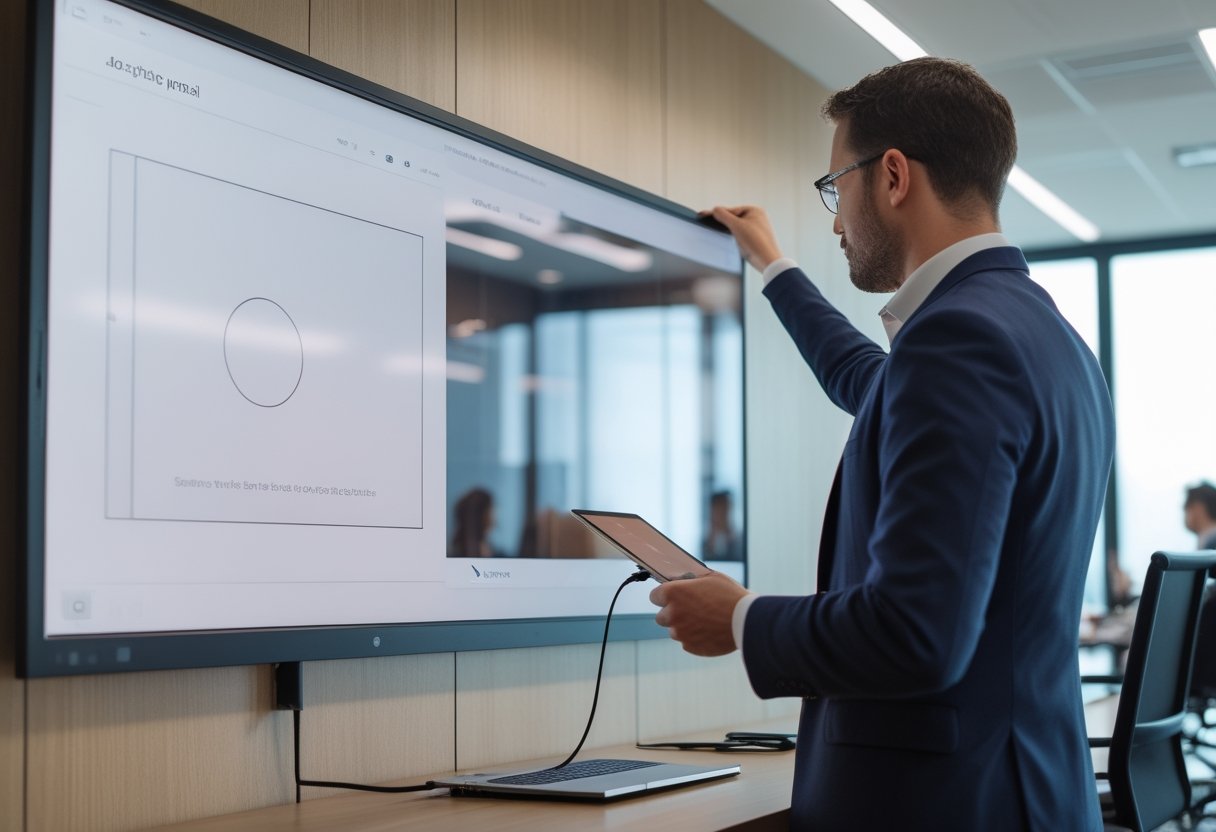 Seorang presenter menghubungkan laptop ke panel interaktif dengan kabel USB-C di ruang rapat.
