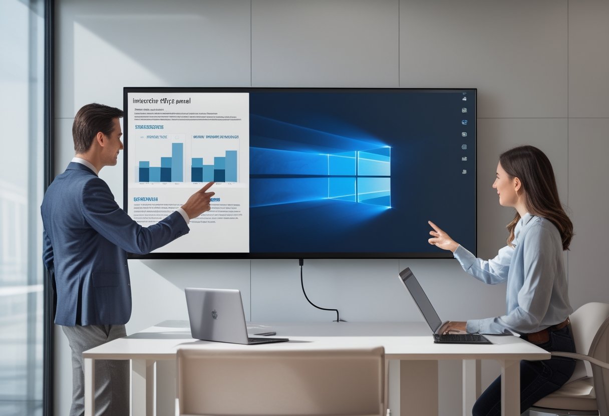 Dua rekan kerja menghubungkan laptop ke panel interaktif melalui kabel USB-C sambil berkolaborasi.