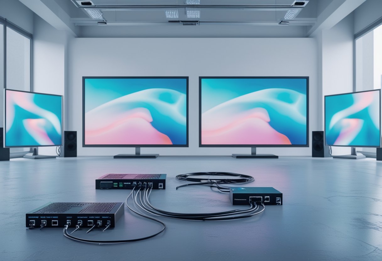 Perangkat HDMI matrix dan jaringan AV-over-IP menyalurkan sinyal ke beberapa layar.