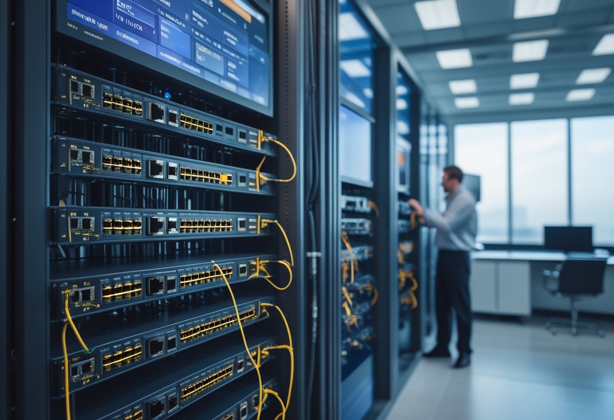 Seorang teknisi jaringan memeriksa rak perangkat AV dan switch Ethernet di ruang kontrol.