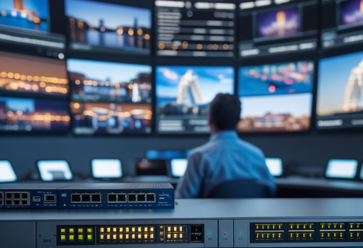 Seorang teknisi memantau beberapa tayangan video 4K dan perangkat jaringan di ruang kontrol.
