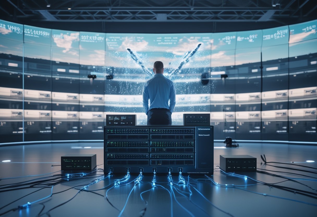 Seorang teknisi memeriksa perangkat jaringan yang menghubungkan layar audiovisual di ruang kontrol.