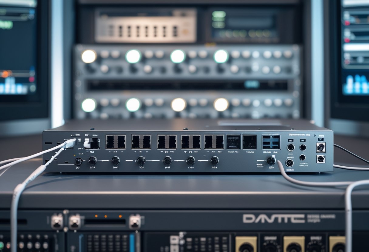 Perangkat jaringan audio dan switch terhubung rapi di ruang kontrol.