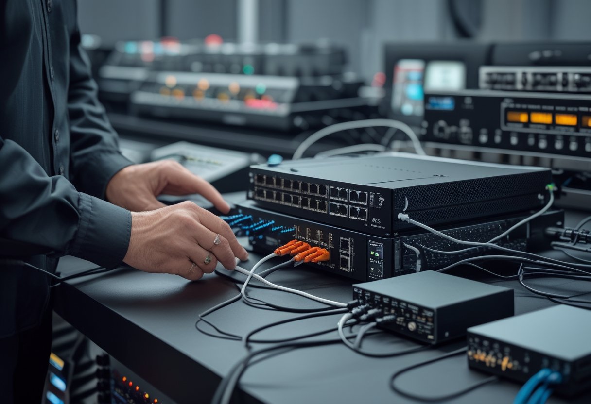 Teknisi memeriksa switch jaringan dan perangkat audio yang terhubung dengan kabel Ethernet di ruang kontrol.