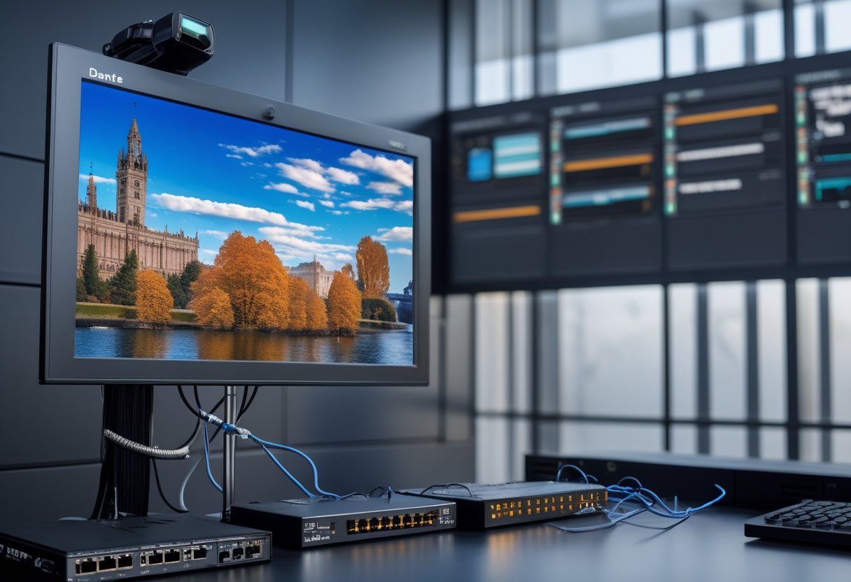 Perangkat kamera, jaringan, dan layar 4K terhubung dalam ruang audiovisual.