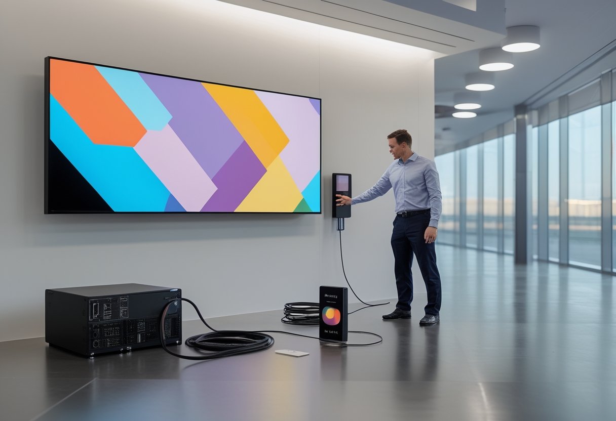 Teknisi memasang layar digital signage di ruangan modern dengan perangkat pemutar media dan tablet di dekatnya.