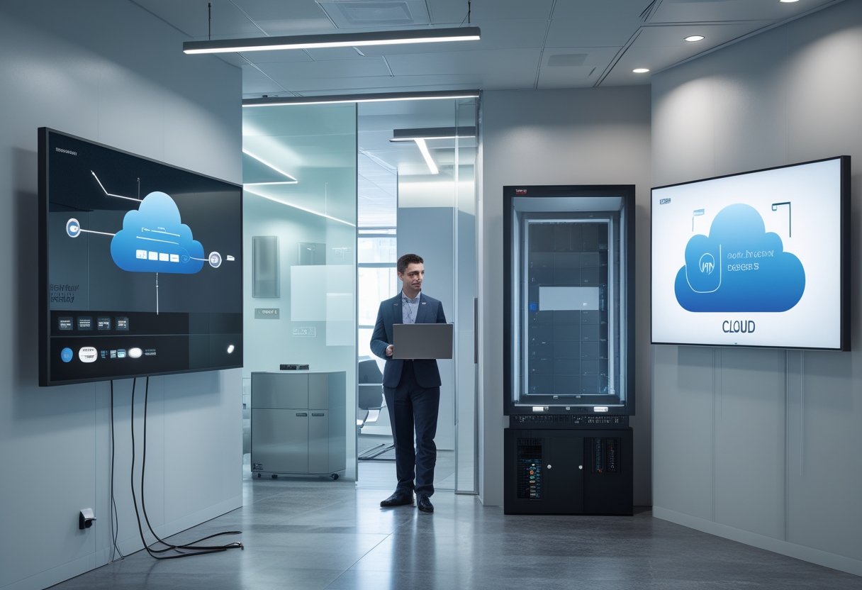 Seorang profesional mengelola layar digital yang terhubung ke cloud dan server lokal.