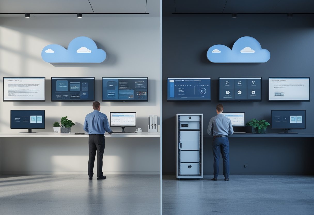 Seorang pengelola IT membandingkan sistem cloud dengan server lokal di ruang kantor.