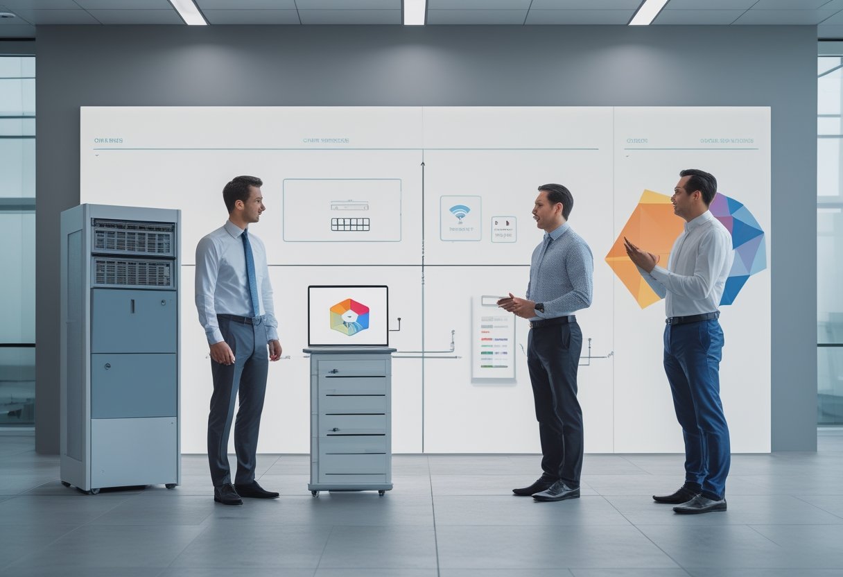 Tiga profesional membandingkan server lokal dan sistem signage digital berbasis cloud di sebuah kantor.