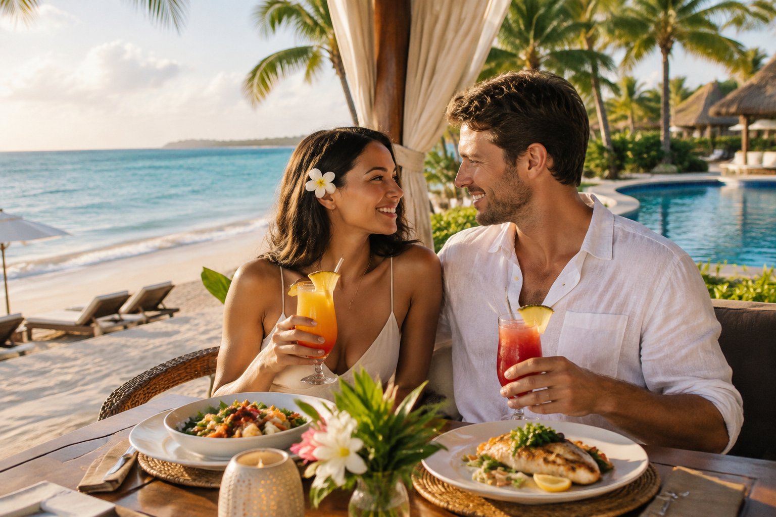 A newlywed couple shares a meal at a tropical beachfront resort.