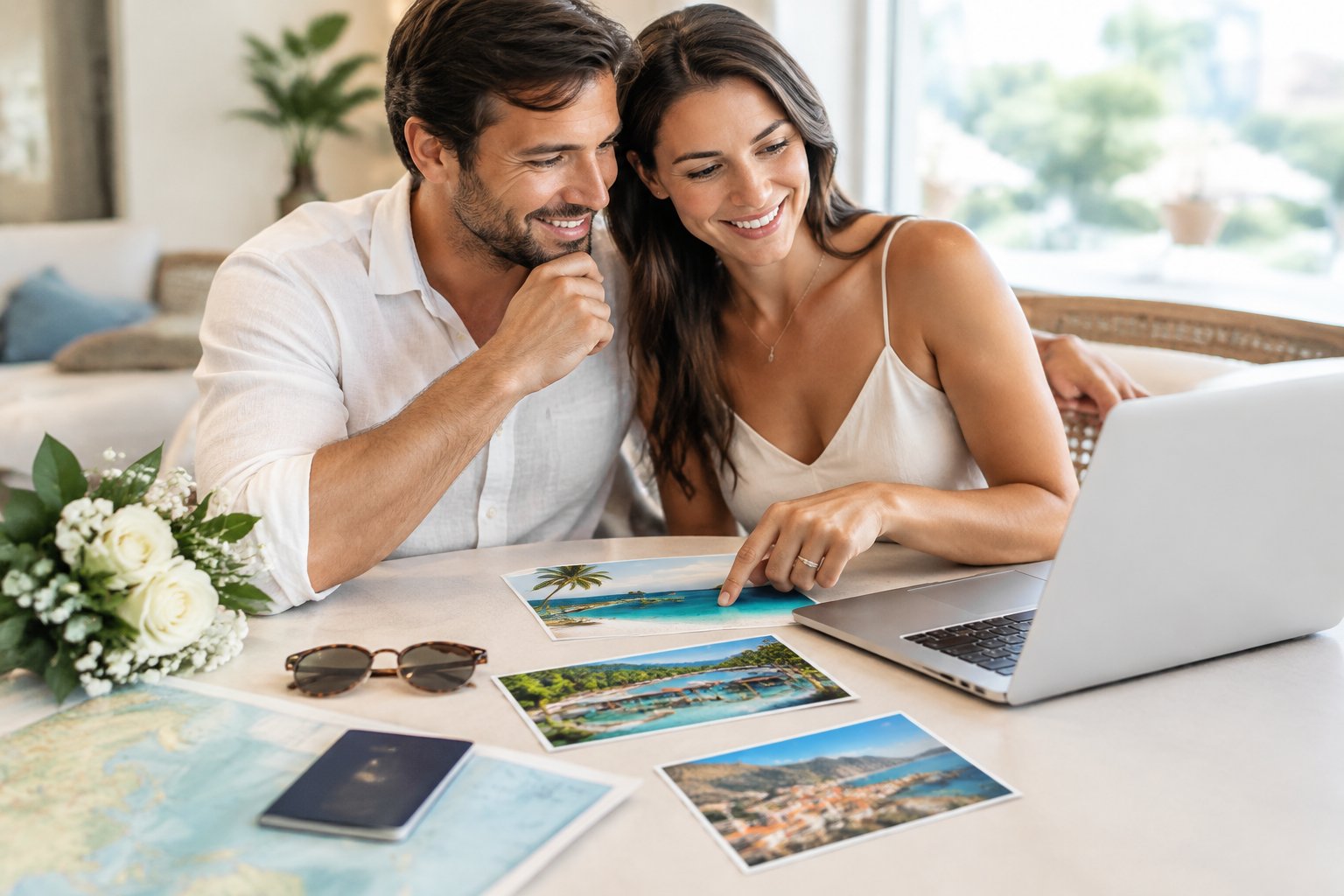 A newlywed couple compares tropical vacation destinations at a travel-planning desk.