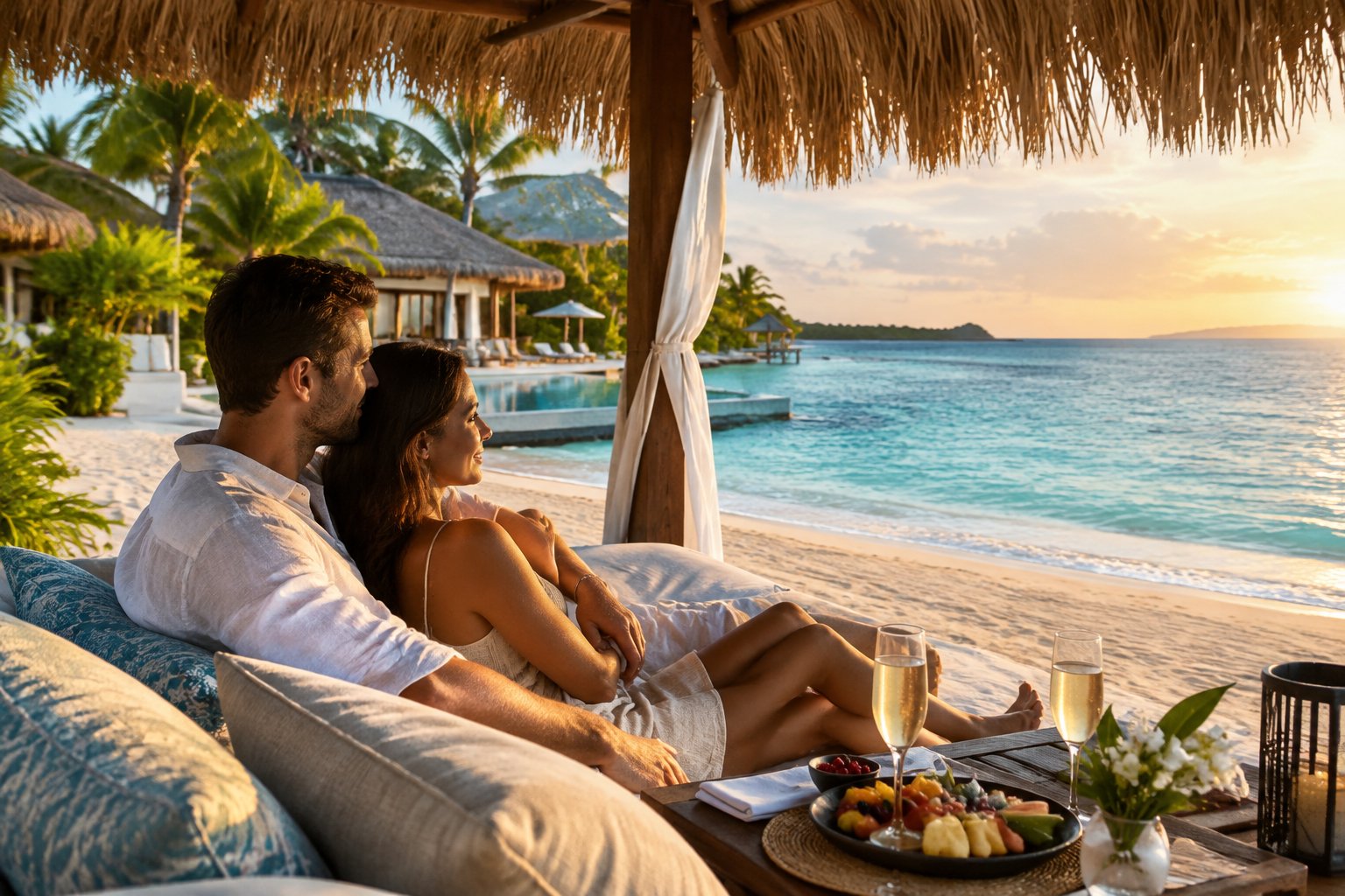 A couple relaxes beneath a beachfront cabana at a tropical resort.