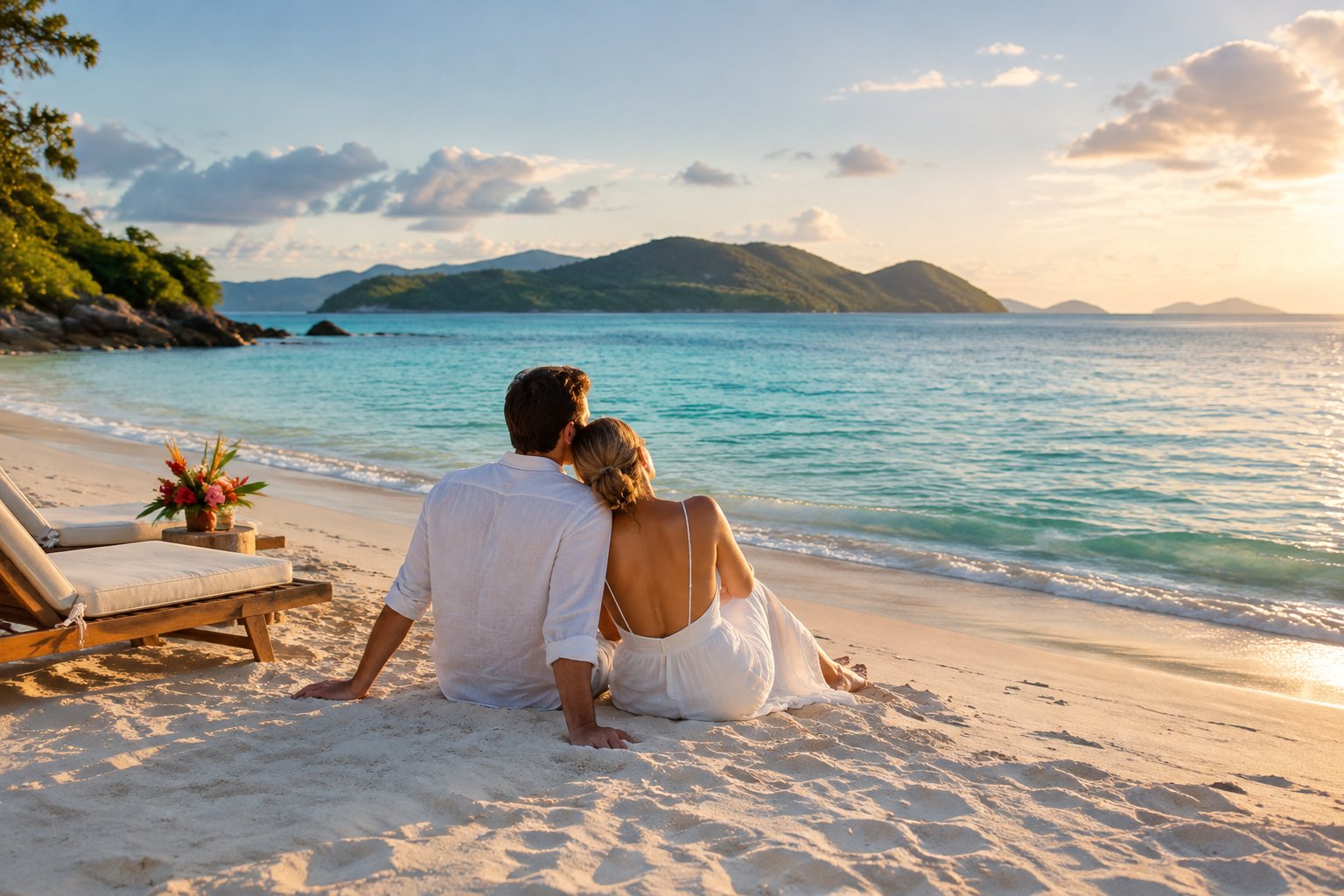 A couple stands together on a tropical Australian beach overlooking turquoise water and green islands.